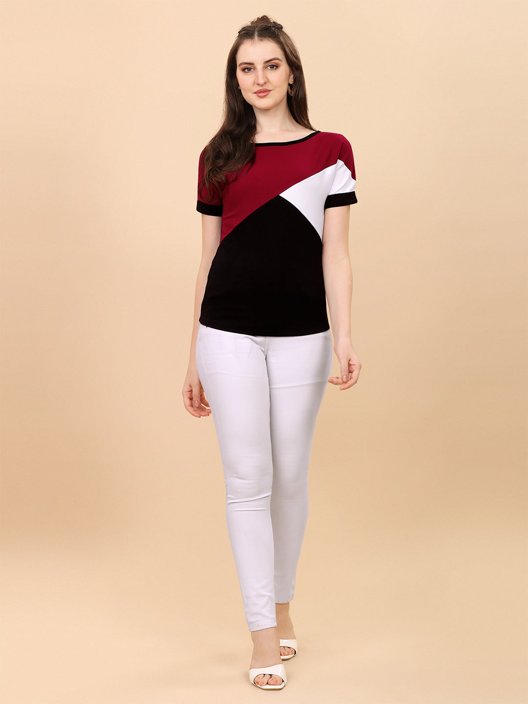 Round Neck Black And Maroon Regular Fit Top