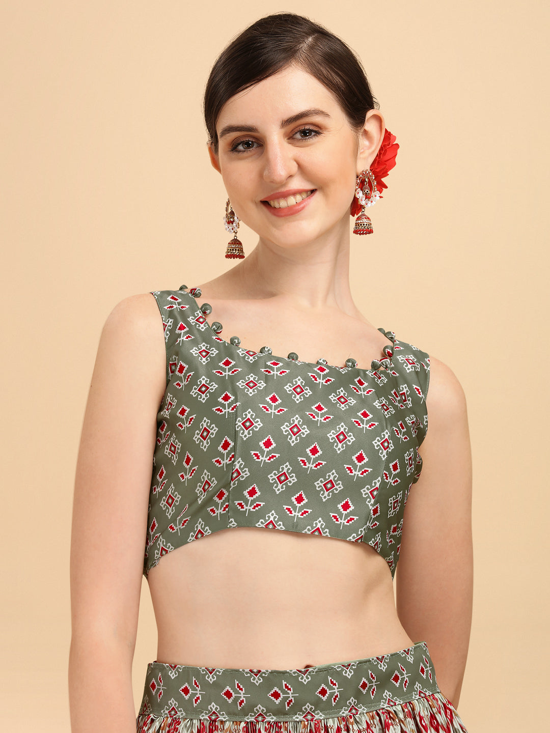 Digital Printed Light Green Color Crushed Lehenga Choli