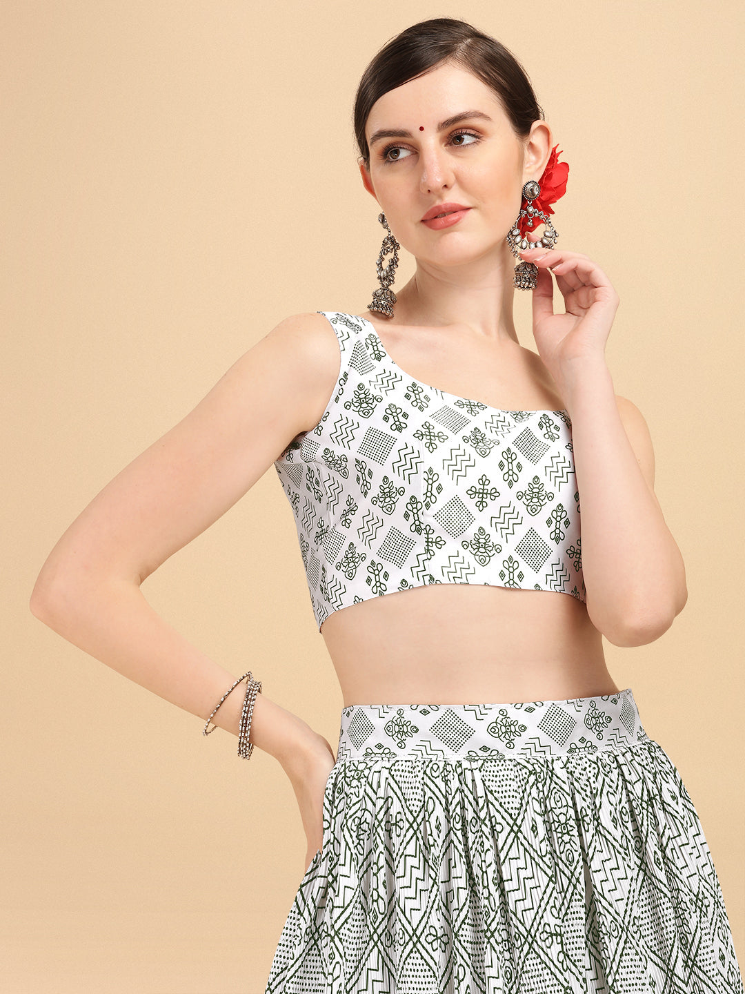 Digital Printed White & Green Color Crushed Lehenga Choli