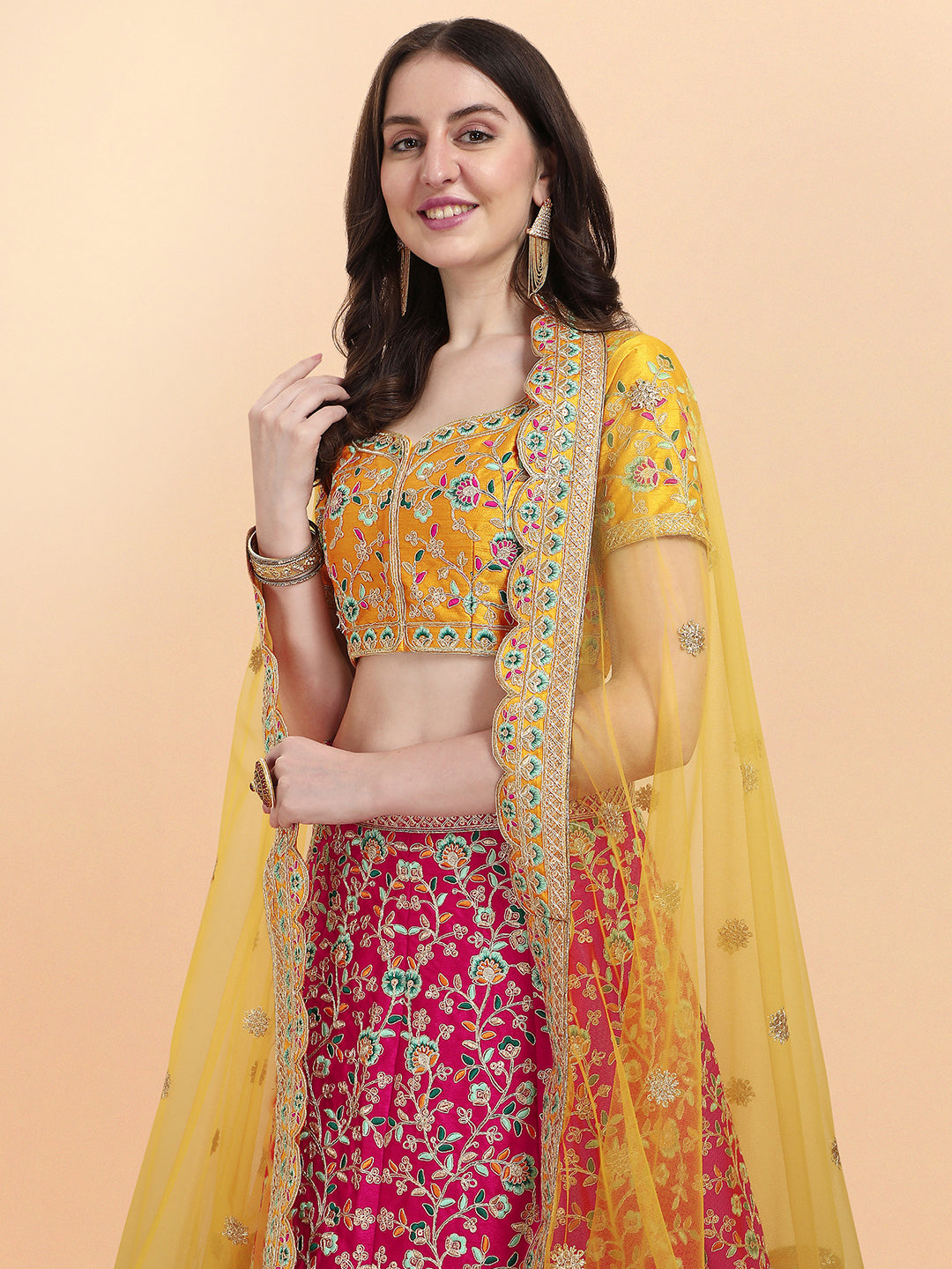 Presenting Pink And Yellow Color Embroidered Work Lehenga Choli