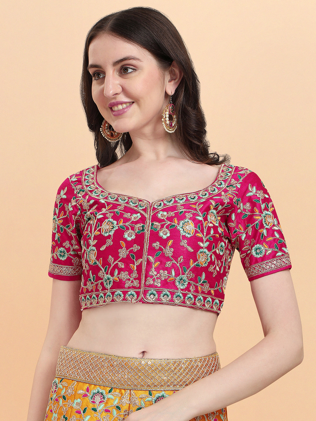 Stunning Yellow And Pink Color Embroidered Work Lehenga Choli