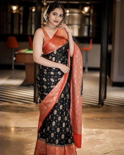 Captivating Golden Jari Black And Red Saree