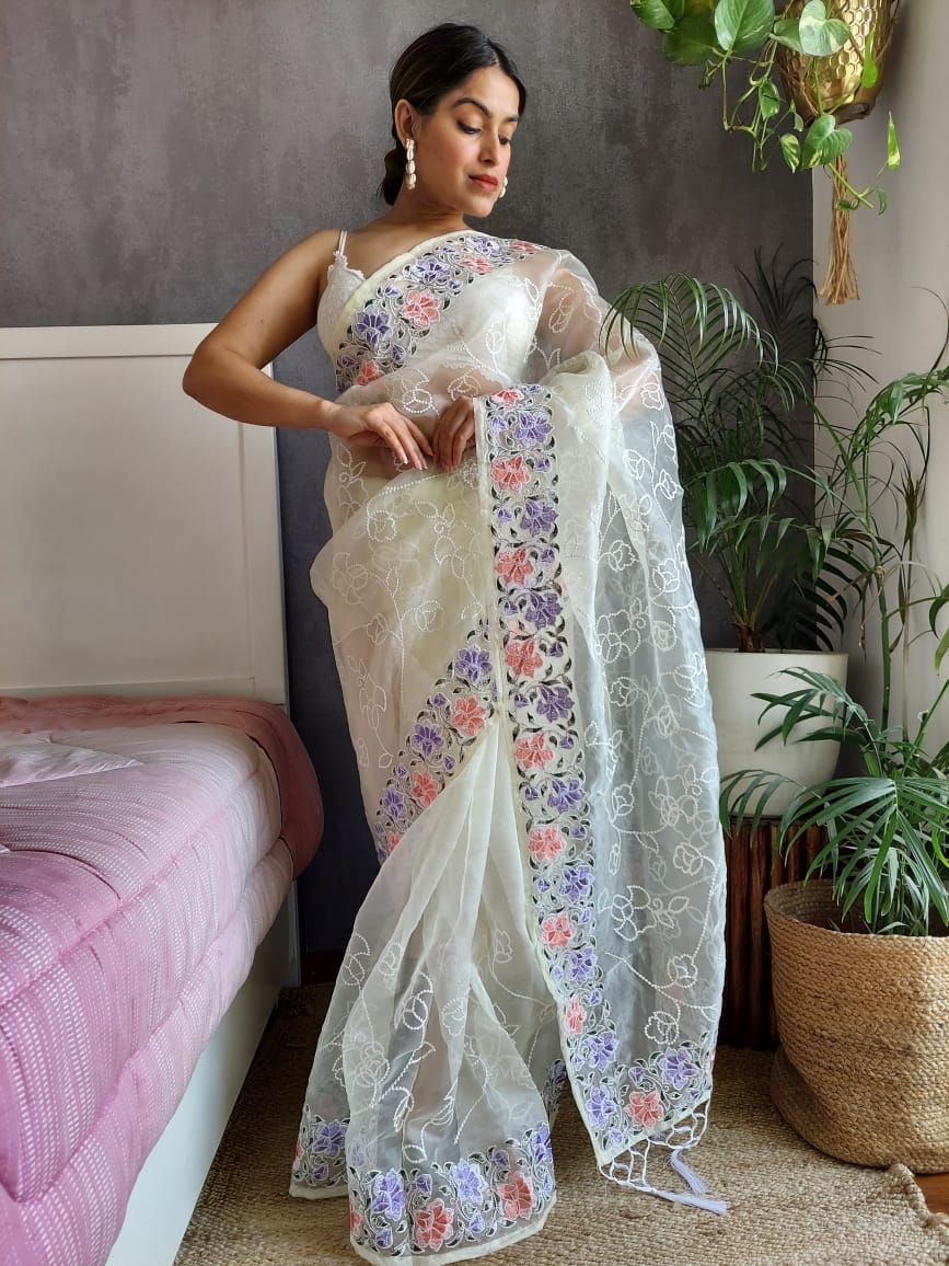 Luxuriant Off-white Color Thread Work Organza Saree