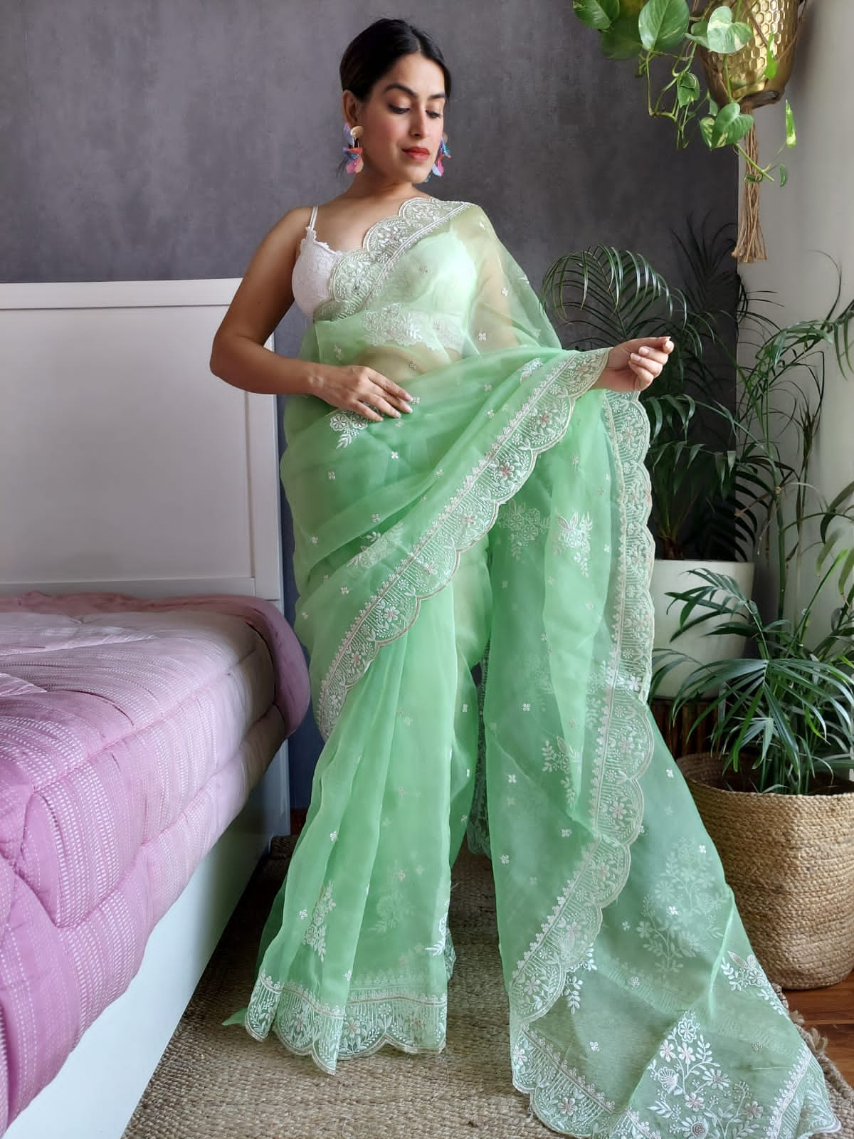 Green Color Thread Sequence Work Organza Saree