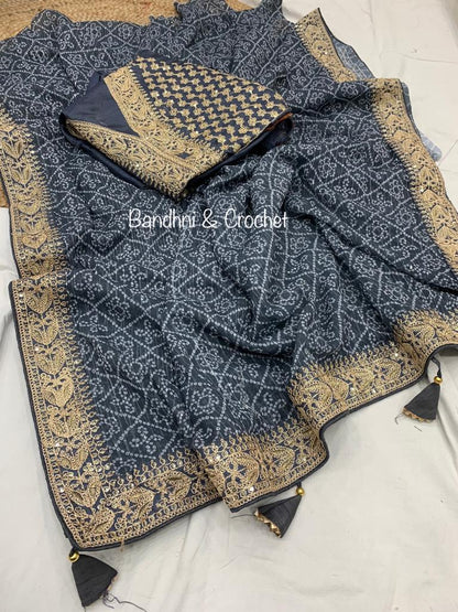 Bandhani Print Border Work Teal Blue Color Saree