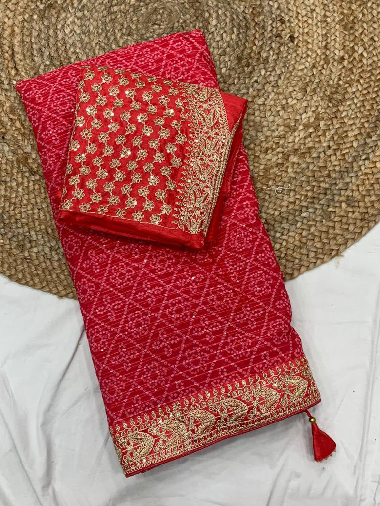 Bandhani Print Border Work Red Color Saree