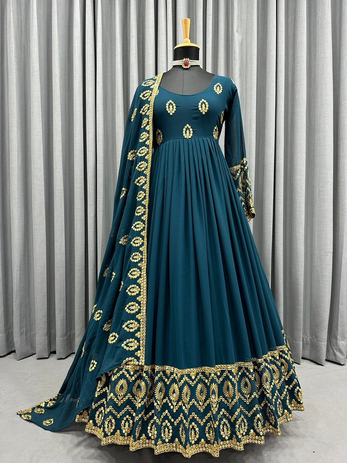 Fashionable Sequence Work Teal Blue Color Gown