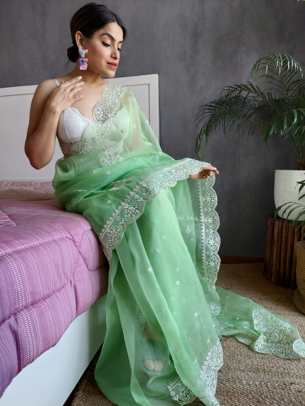 Green Color Thread Sequence Work Organza Saree