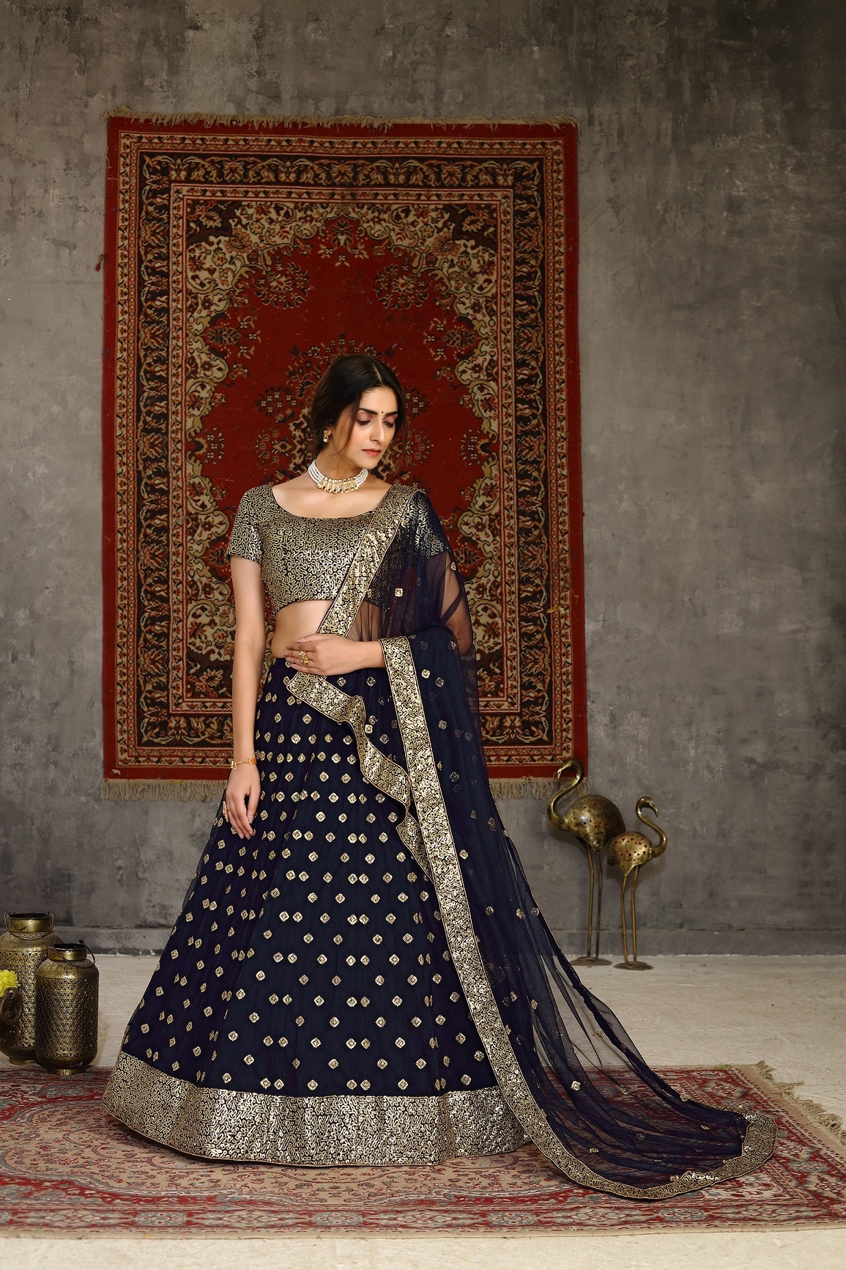 Trendy Navy Blue Sequence Embroidered Work Lehenga Choli