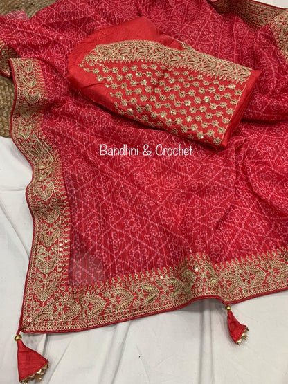 Bandhani Print Border Work Red Color Saree