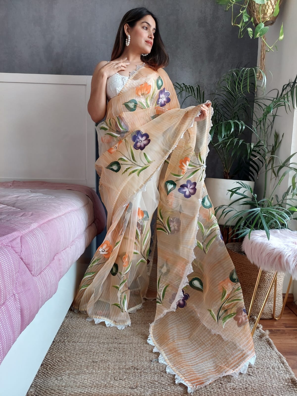 Beige Color Gorgeous Organza Silk Saree