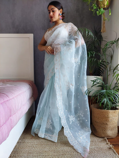 Sky Blue Color Thread Sequence Work Organza Saree