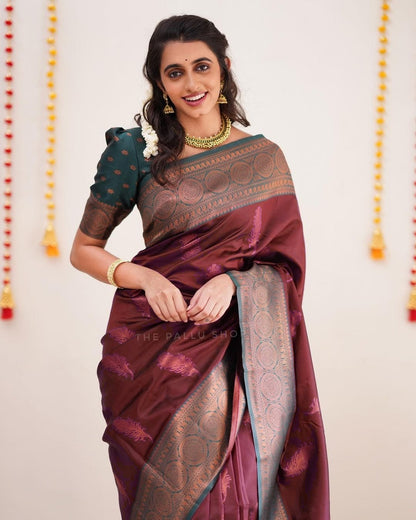 Gorgeous Coper Work Maroon Color Silk Saree