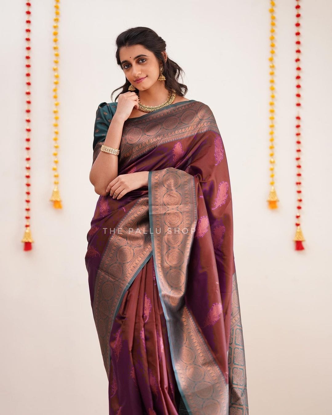 Gorgeous Coper Work Maroon Color Silk Saree