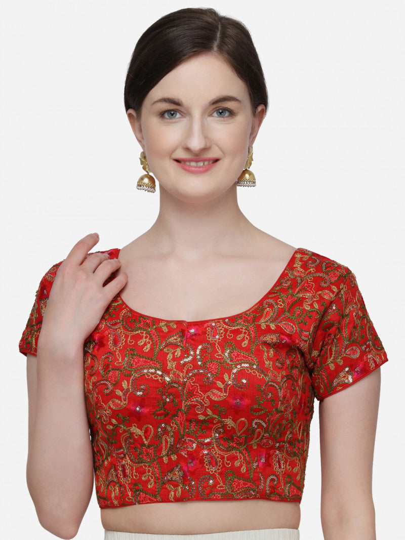 Amazing Red color Embroidered And Sequines Work Silk Blouse