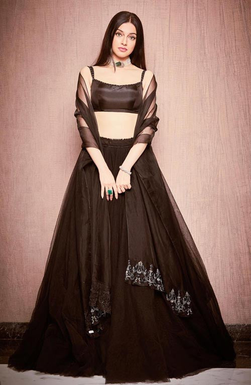 Divya Khosla Kumar Black Color Designer Organza Lehenga