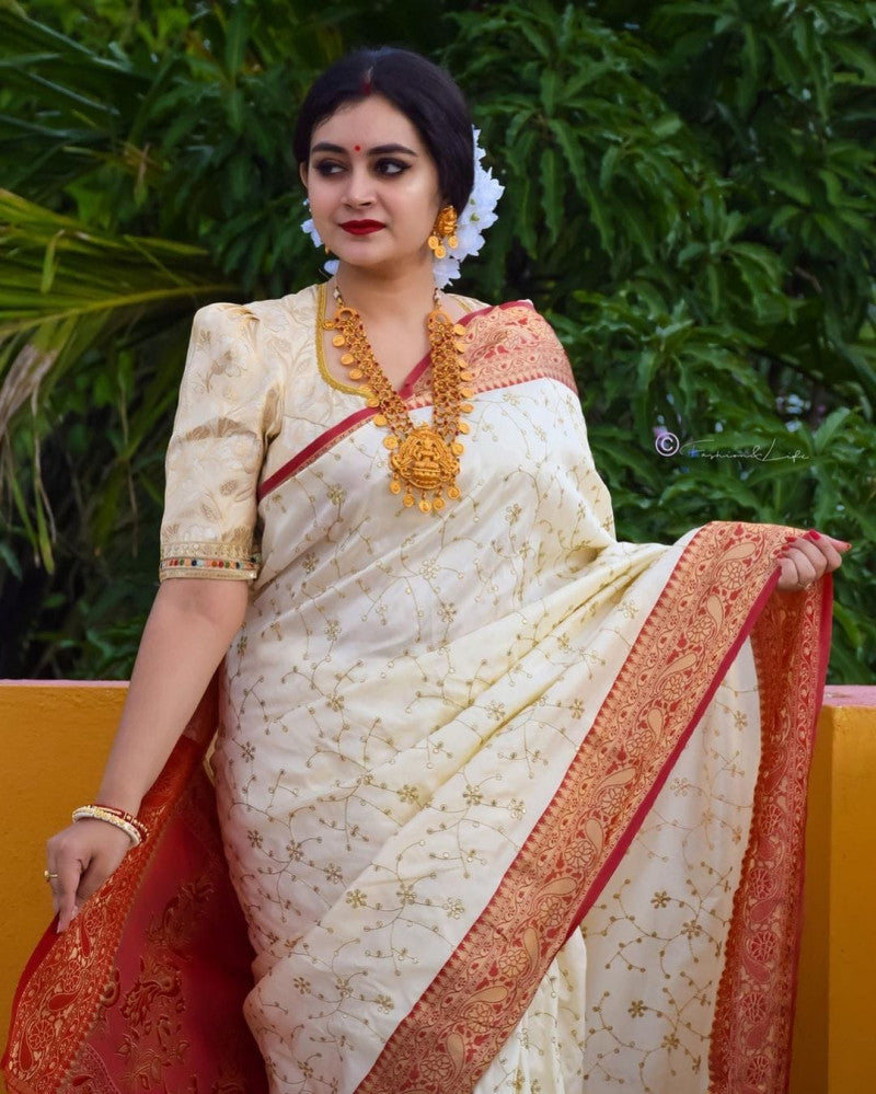 White With Red Color Function Wear Soft Silk Saree