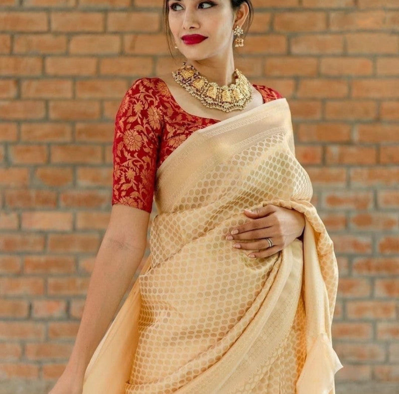 Cream Color Soft Banarasi Silk Wedding Wear Saree