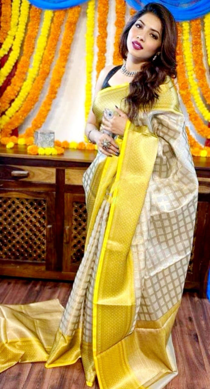 Party Wear White And Yellow Color Banarasi Silk Saree