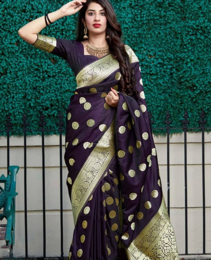 Wedding Wear Wine Color Banarasi Silk Jacquard Work Saree