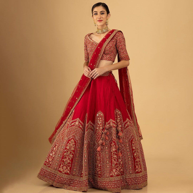 Bridal Wear Embroidery With Sequence Red Color Designer Lehengha