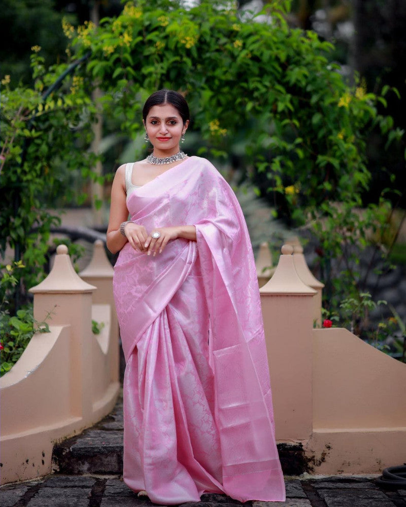 Baby Pink Color Silver Jari Work Stylish Saree