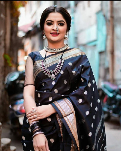 Fantastic Black Color Soft Silk Silver Jari Saree