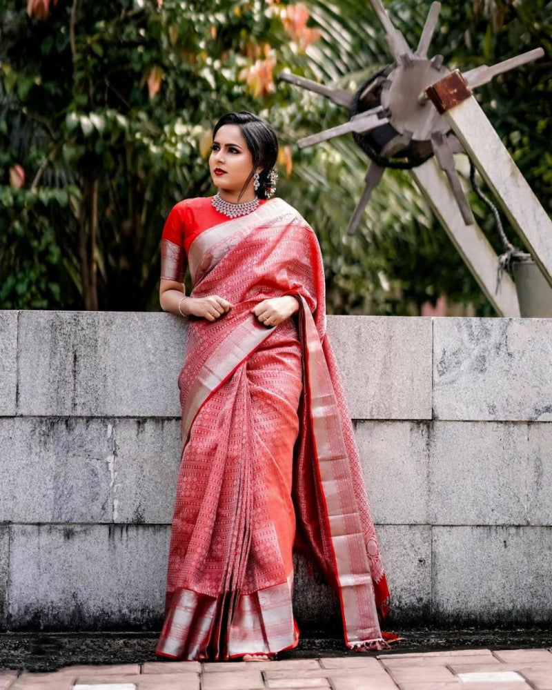 Blissful Red Color Rich Pallu Jacquard Border Saree