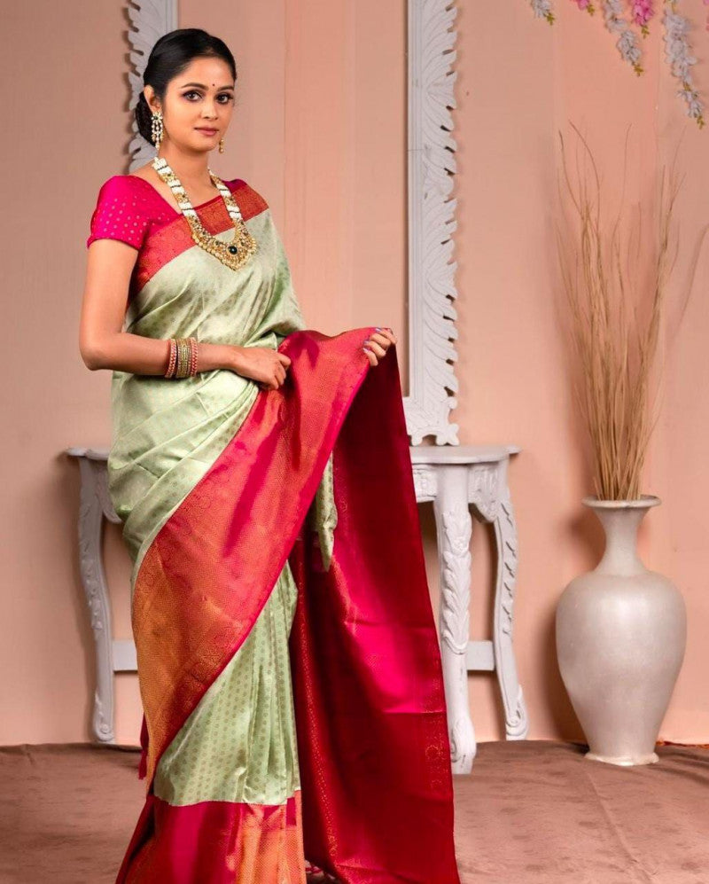 Glossy Pink And Light Green Jacquard Border Saree