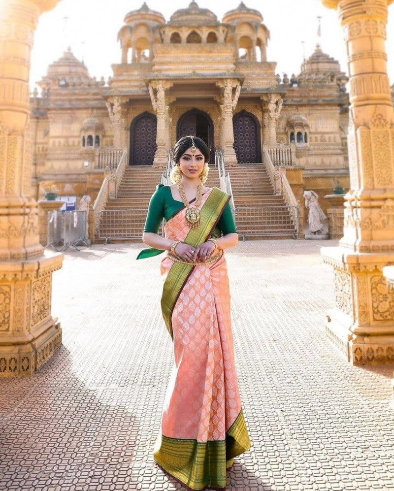 Light Pink WIth Green Color Festive Wear Saree