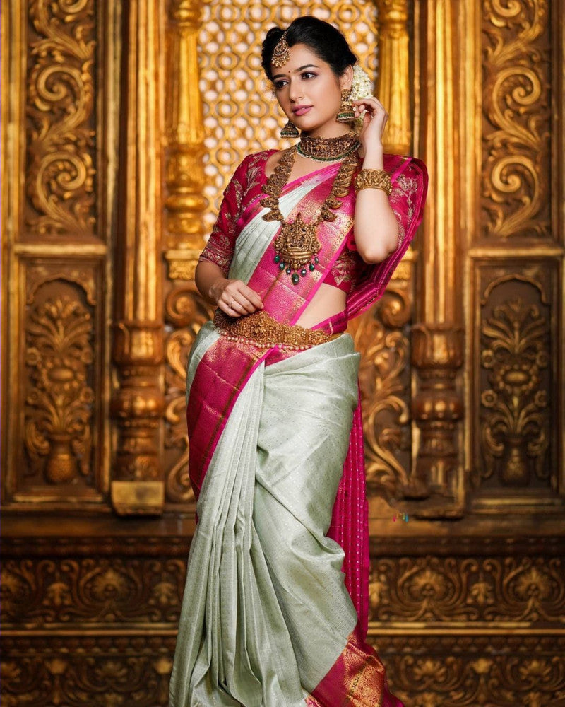 White And Pink Banarasi Silk Rich Pallu Saree