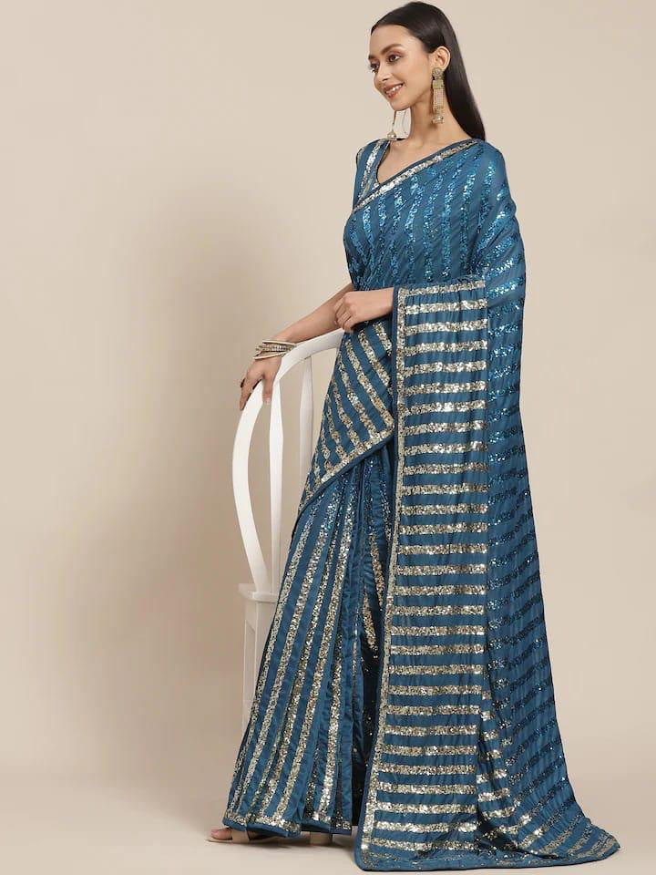 Good Looking Teal Blue Color Sequence & Embroidery Work Saree