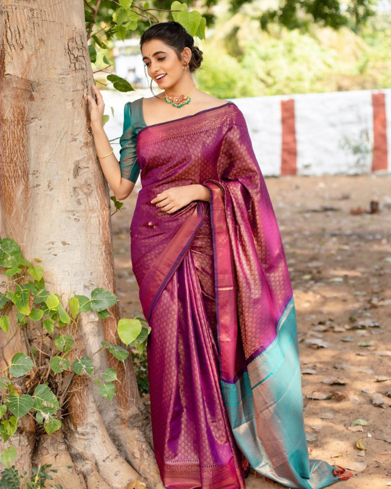 Violet Kanchipuram Silk Saree with Silver Zari Work