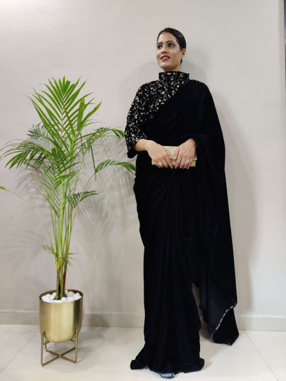 Trendy Ready To Wear Black Color Velvet Saree