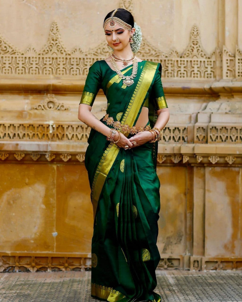 Green Color Golden Jari Wedding Wear Saree