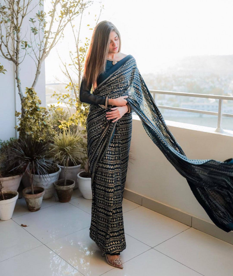 Embellished Black Color Sequence Stylish Saree