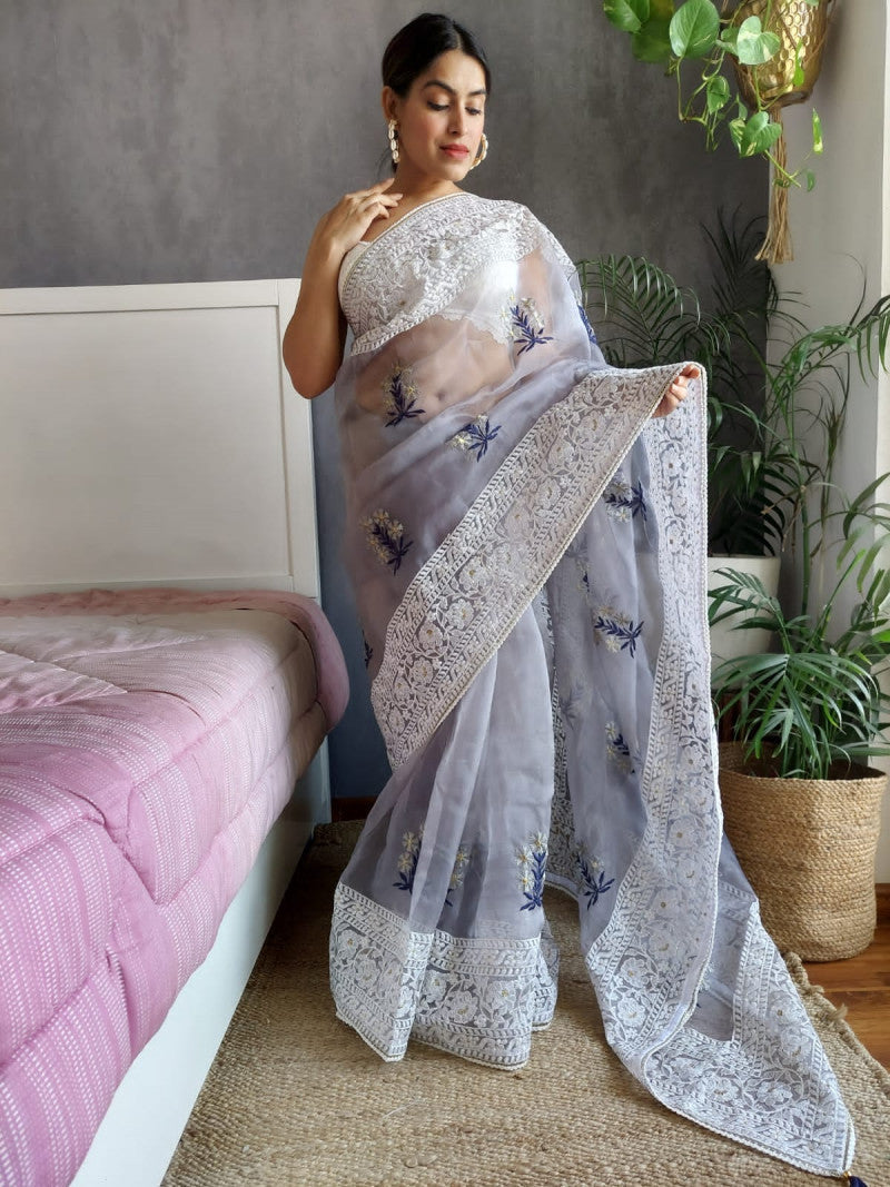 Grey Color Beautiful Work Organza Saree