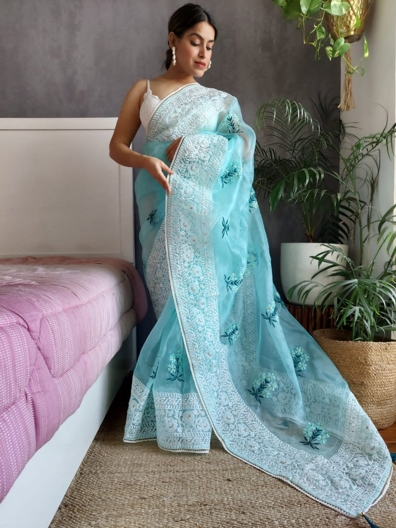 Outstanding Sky Blue Organza Silk Saree