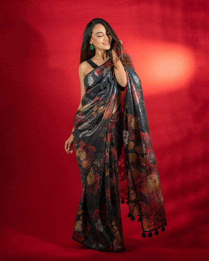 Celebrity Style Black Color Sequence Saree