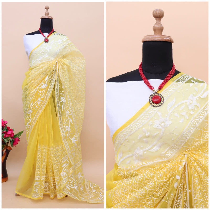 Elegant Yellow Color Embroidered Organza Silk Saree