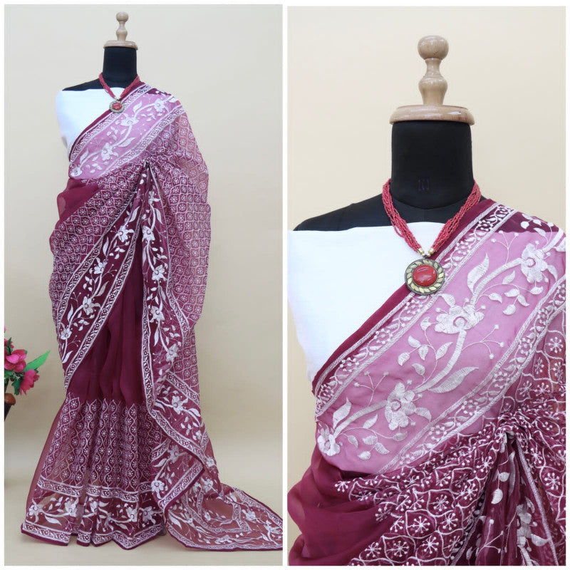 Organza Wine Color Embroidery Work Saree