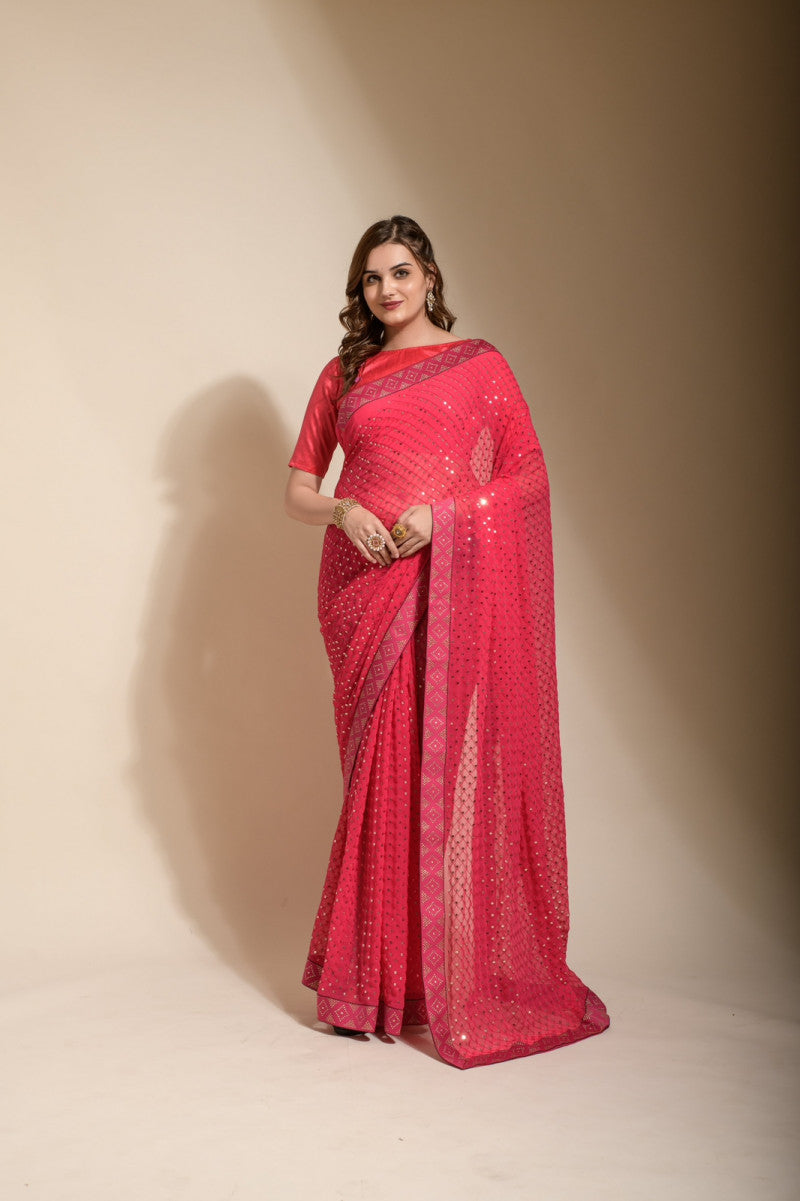 Red Color Sequence Ready To Wear Saree