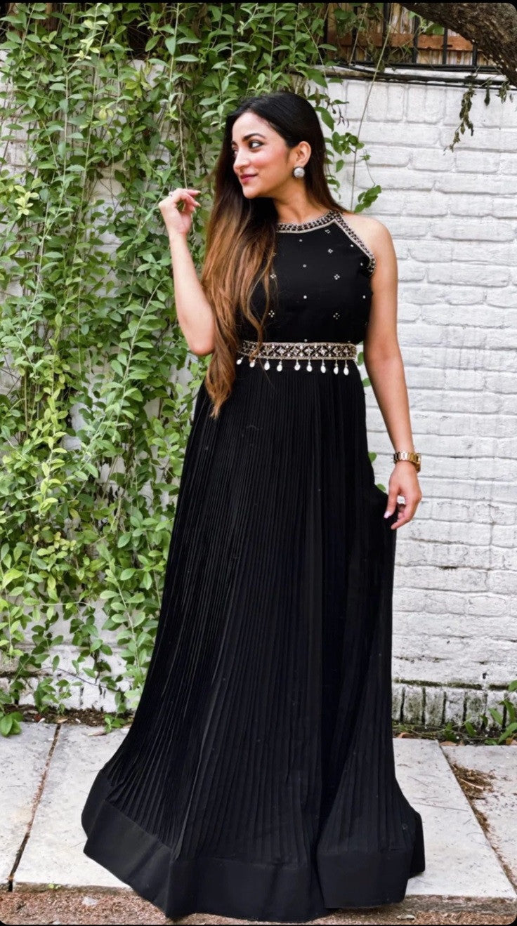 Party Wear Black Color Hand Work Gown