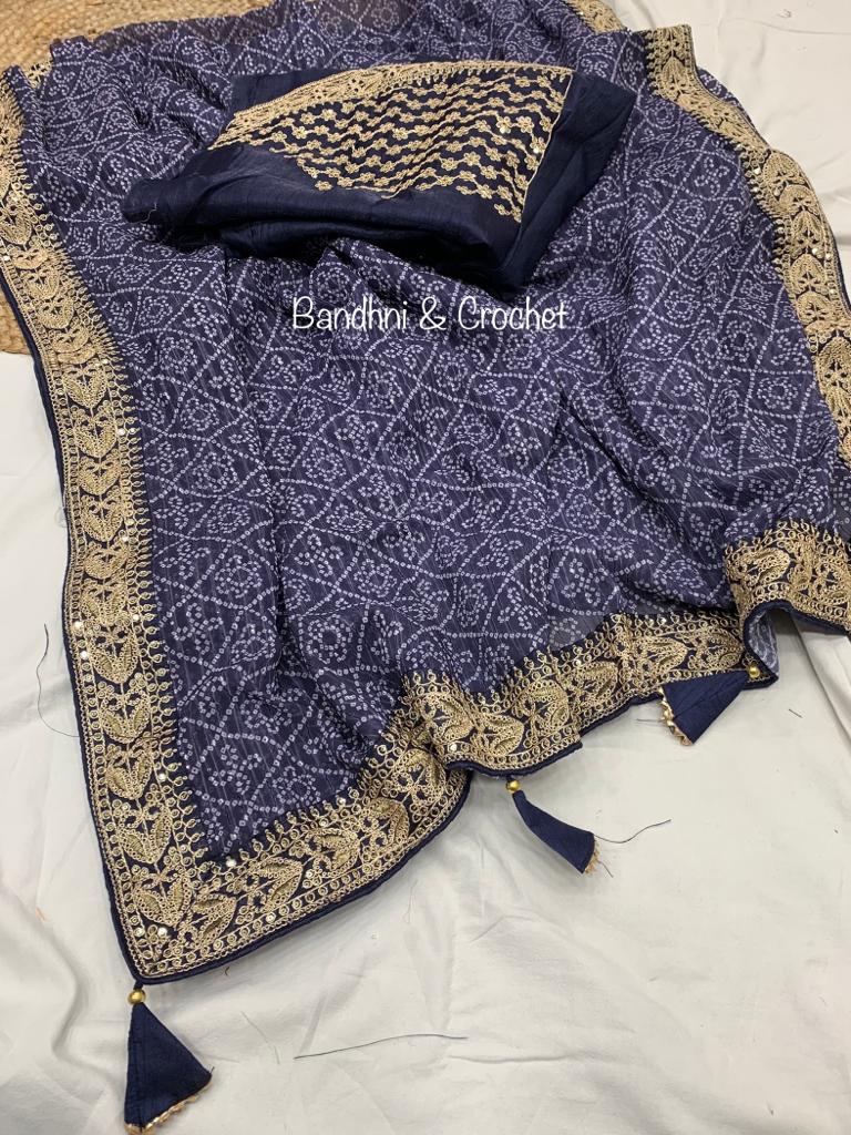 Bandhani Print Border Work Navy Blue Color Saree