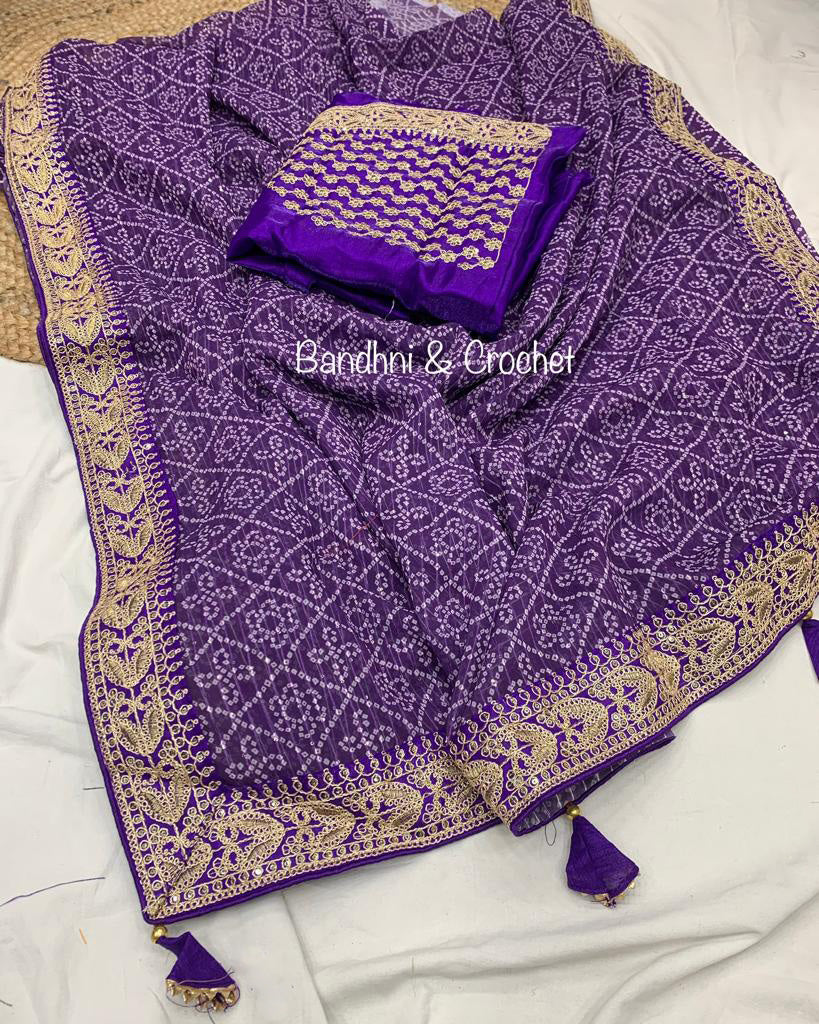 Bandhani Print Border Work Purple Color Saree