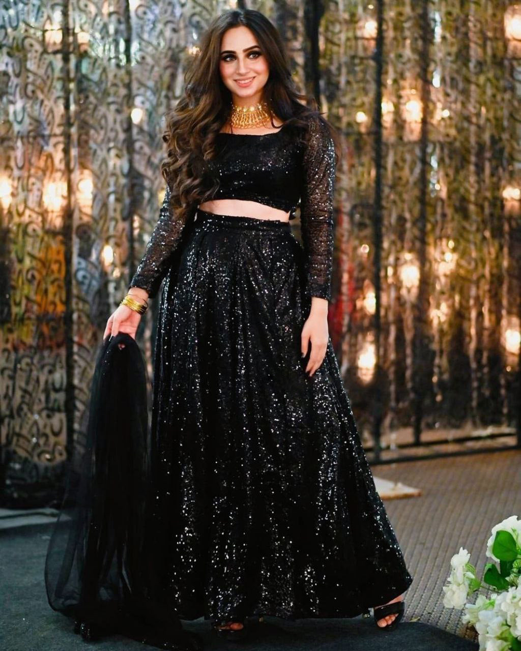 Sequin Work Black Lehenga Choli Net lengha Chunri Sari Saree Skirt Top  Dress | eBay