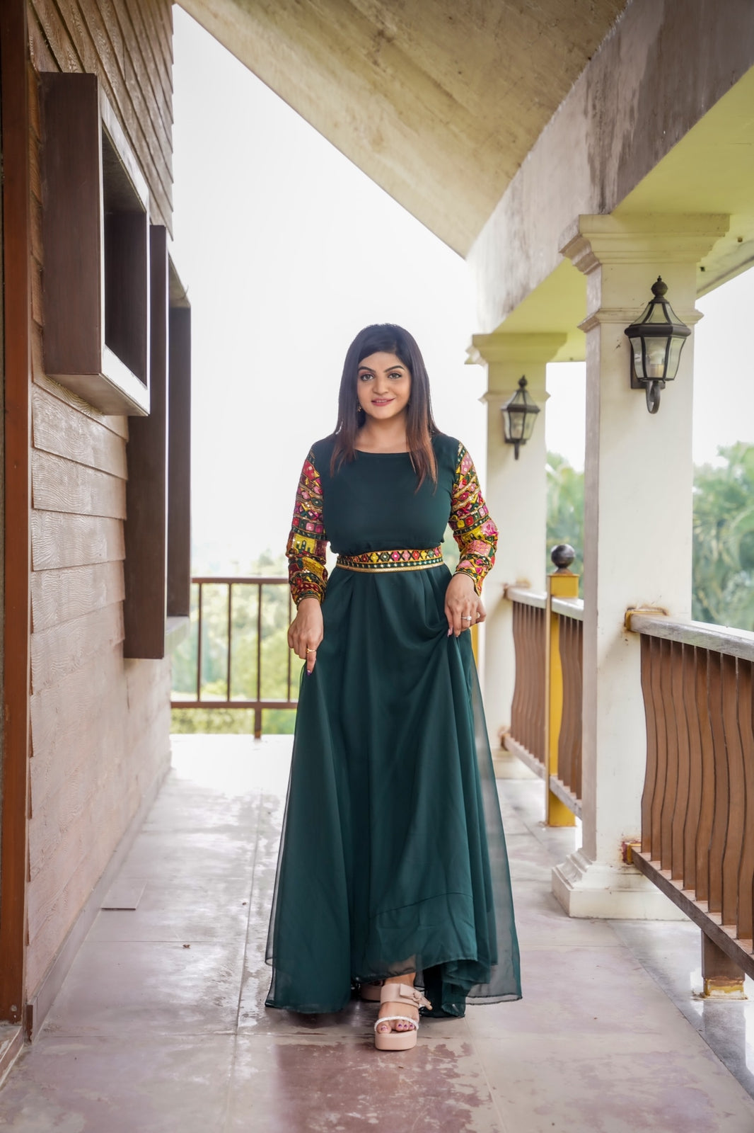 Beautiful Full Work Sleeve Green Color Gown With Belt