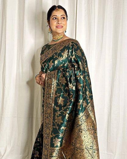 Elegant Dark Green Color Golden Designing Saree