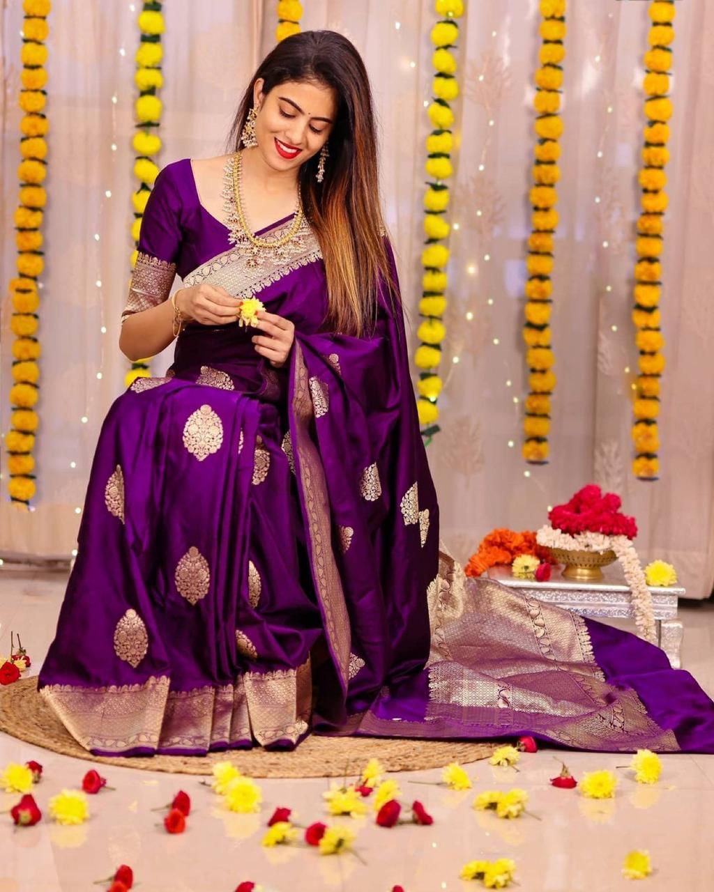 Fancy Purple Color Wedding Wear Soft Lichi Silk Saree