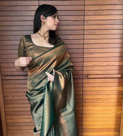 Mesmerizing Green Color Coper Jari Work Saree